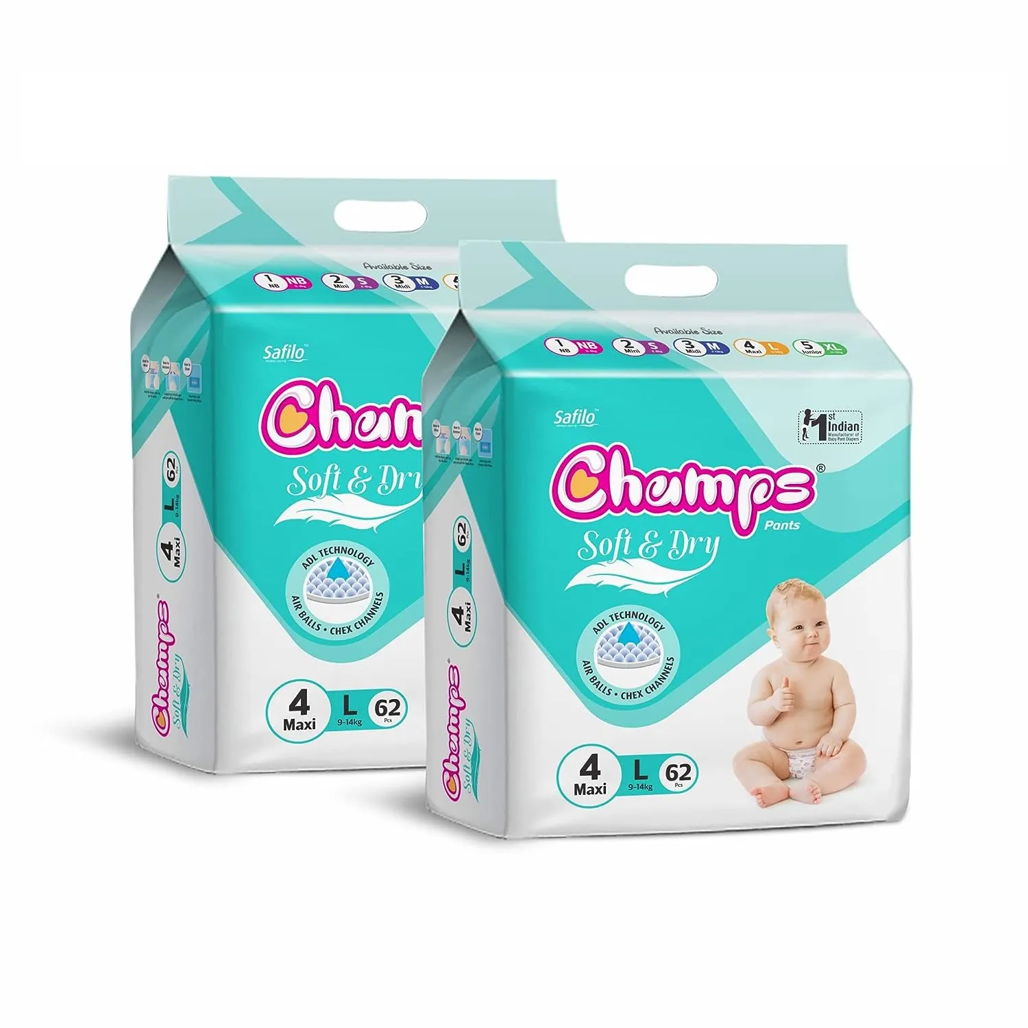 0958 Champs Soft and Dry Baby Diaper Pants  62 Pcs (Large Size  L62)