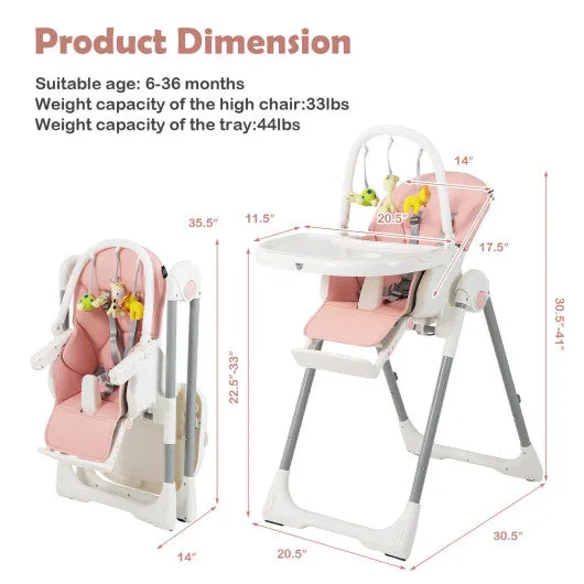 4-in-1 Foldable Baby High Chair With 7 Adjustable Heights and Free Toys Bar-Pink