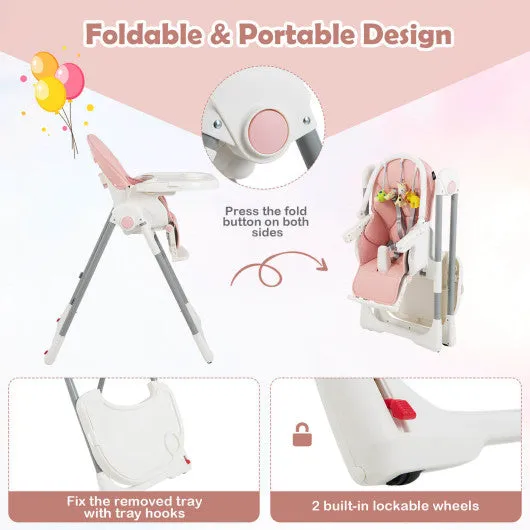 4-in-1 Foldable Baby High Chair With 7 Adjustable Heights and Free Toys Bar-Pink