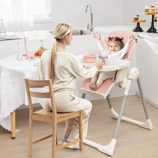 4-in-1 Foldable Baby High Chair With 7 Adjustable Heights and Free Toys Bar-Pink