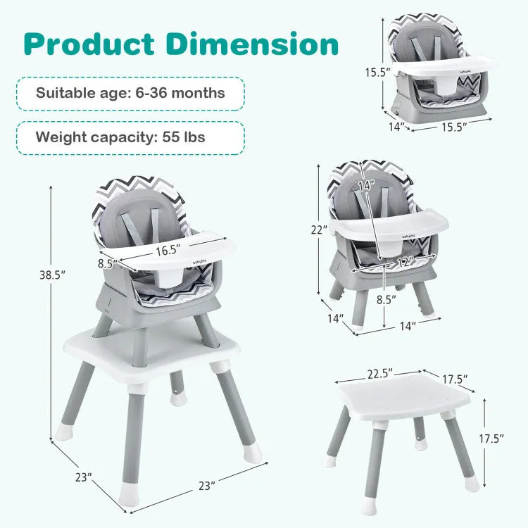 6-in-1 Convertible Baby High Chair with Adjustable Removable Tray - Gray & White