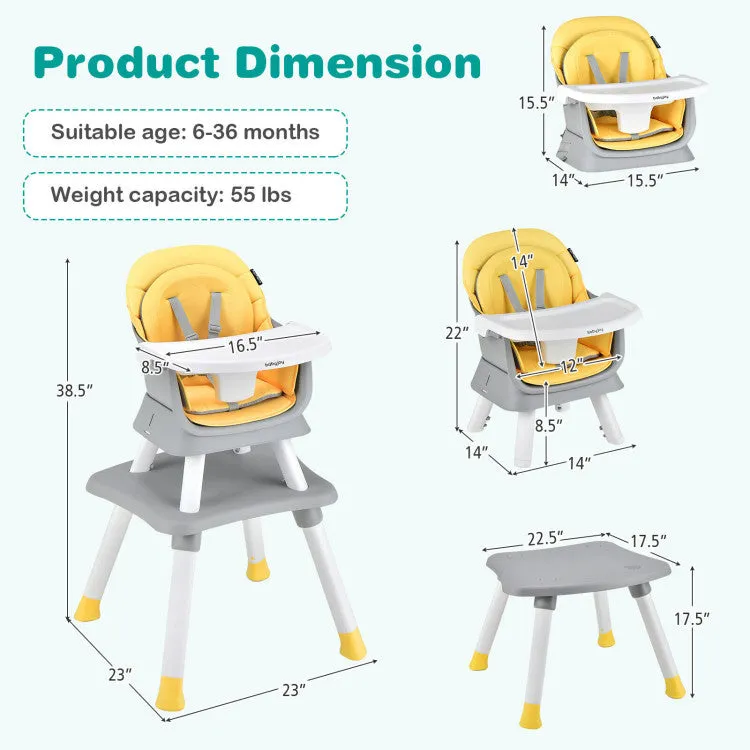 6-in-1 Convertible Baby High Chair with Adjustable Removable Tray - Yellow