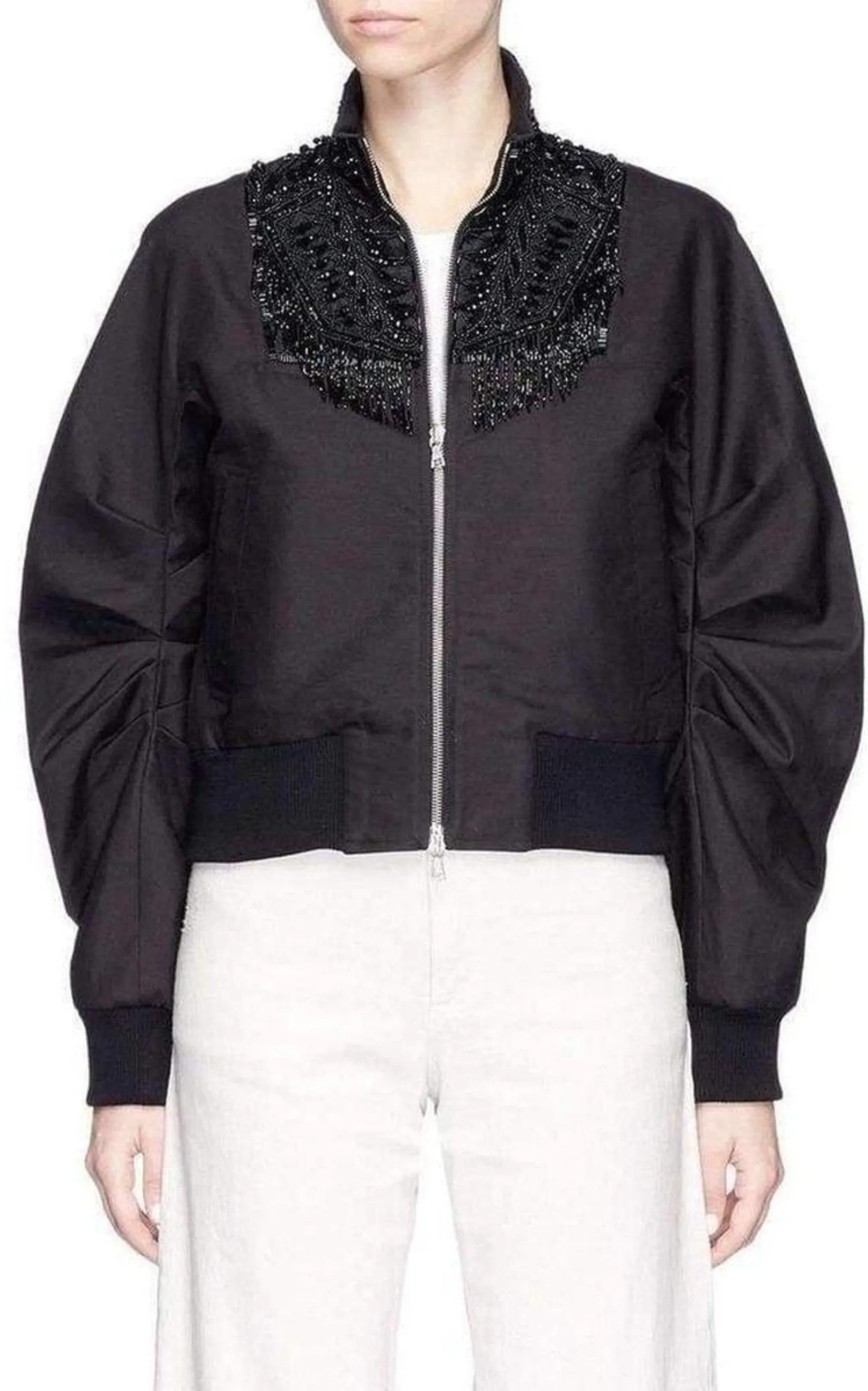 Beaded Collar Cotton Bomber Jacket