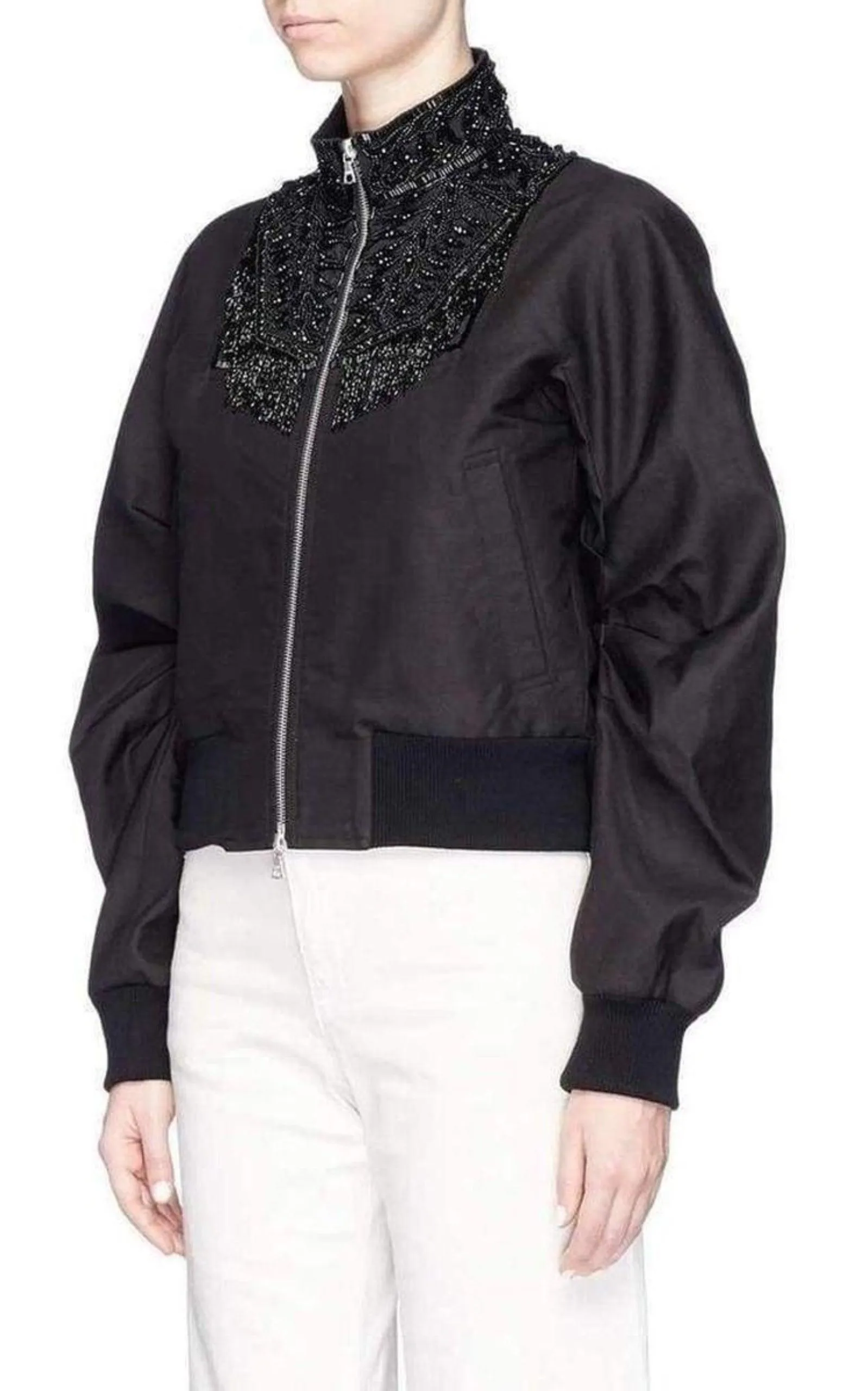 Beaded Collar Cotton Bomber Jacket