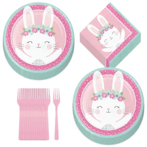 Birthday Bunny Pink Floral Boho Paper Dinner Plates and Luncheon Napkins (Serves 16)