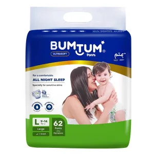 Bumtum Baby Diaper Pants, Large Size, 62 Count, Double Layer Leakage Protection Infused With Aloe Vera, Cottony Soft High Absorb Technology (Pack of 1)