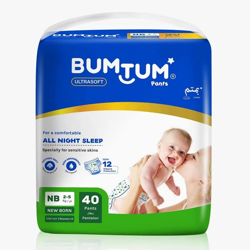 Bumtum Baby Diaper Pants, New Born, 40 Count, Double Layer Leakage Protection Infused With Aloe Vera, Cottony Soft High Absorb Technology