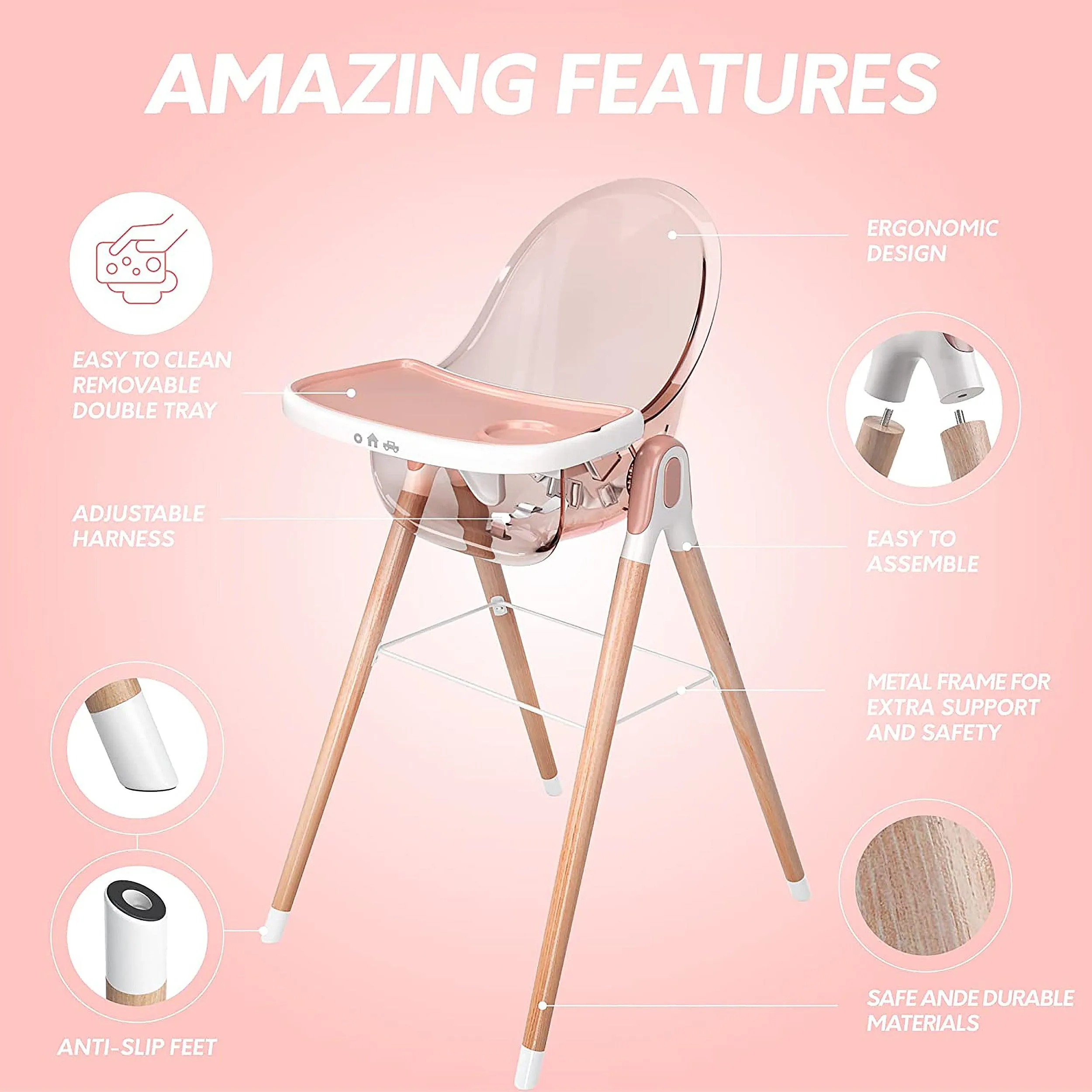 Children Of Design Non-Reclinable Classic Wooden High Chair - Pink