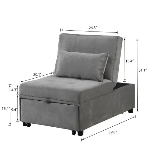 Folding Sofa Bed 4-in-1 Convertible Chair, Multi-Functional Adjustable Recliner,  Grey Velvet