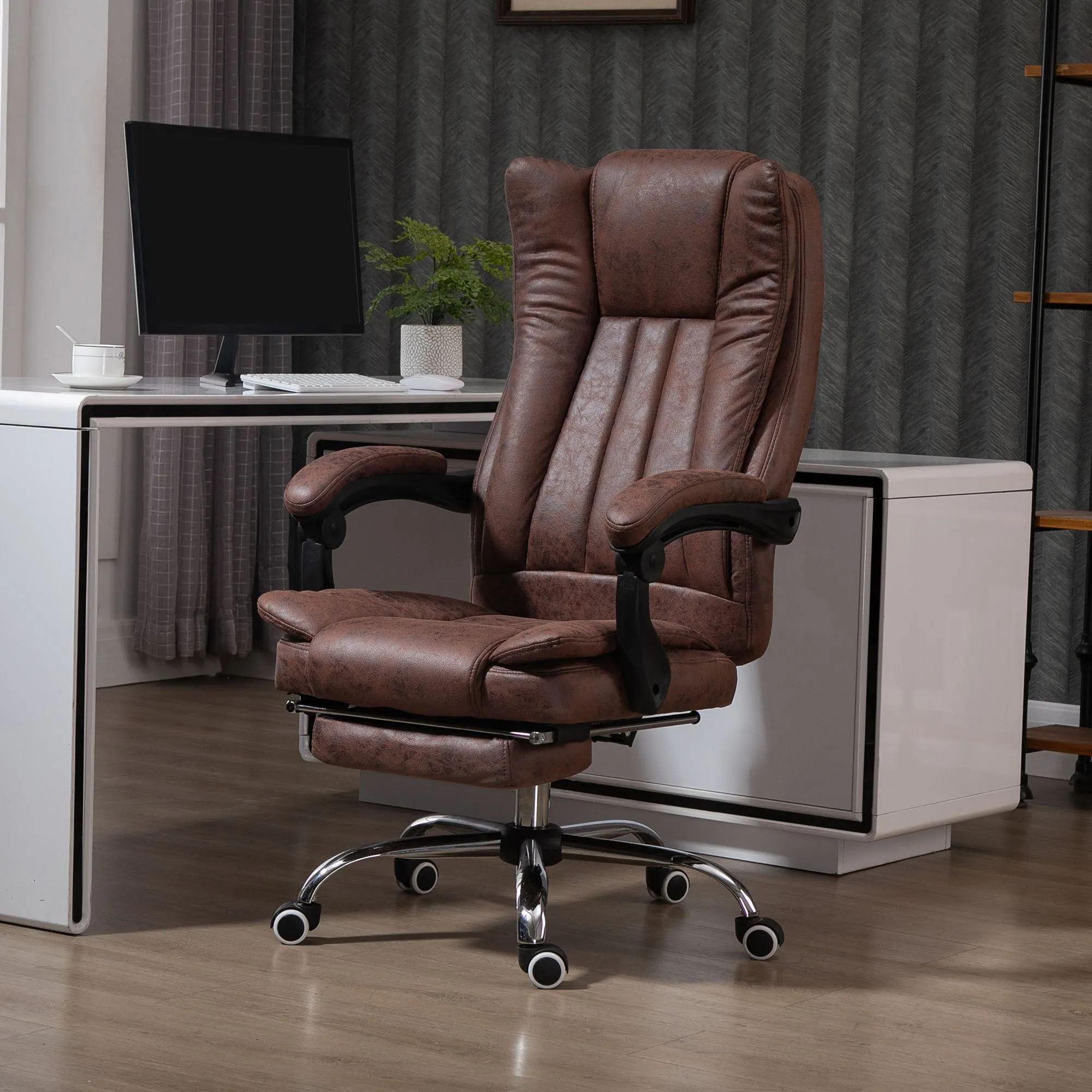 Home Office Chair Microfibre Desk Chair with Reclining Function Armrests Swivel Wheels Footrest Brown