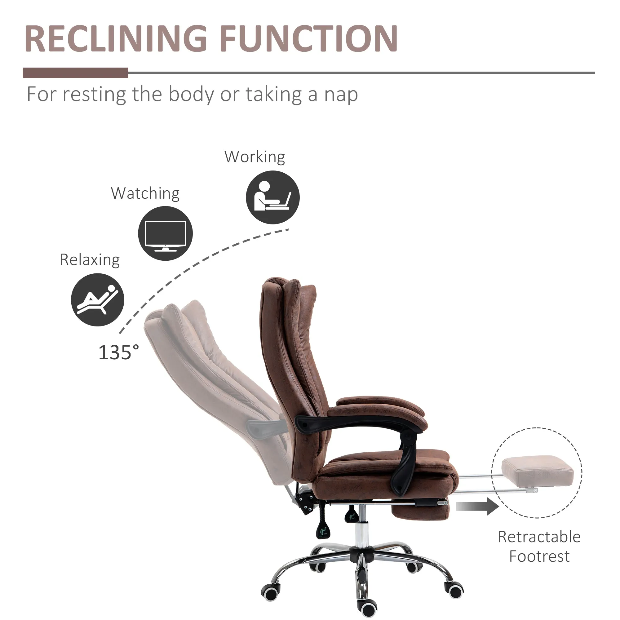 Home Office Chair Microfibre Desk Chair with Reclining Function Armrests Swivel Wheels Footrest Brown