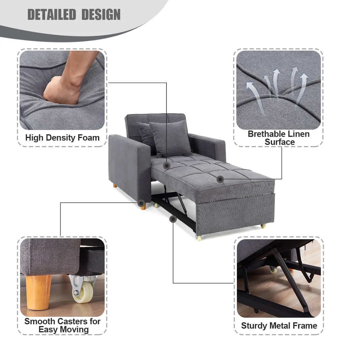 Homrest Set of 2 Sofa Bed 3-in-1 Convertible Chair Multi-Functional Adjustable Recliner, Sofa, Bed(Grey)