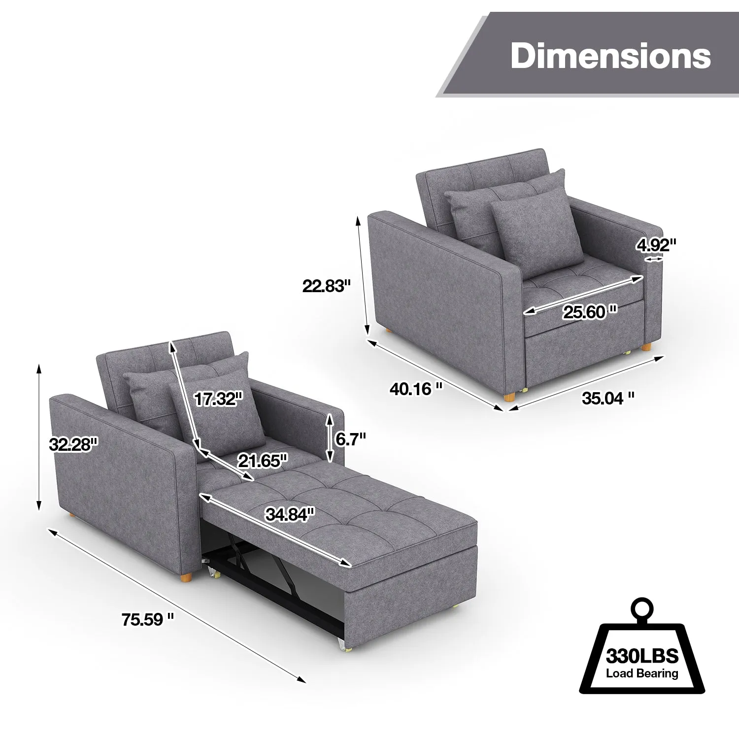 Homrest Set of 2 Sofa Bed 3-in-1 Convertible Chair Multi-Functional Adjustable Recliner, Sofa, Bed(Grey)