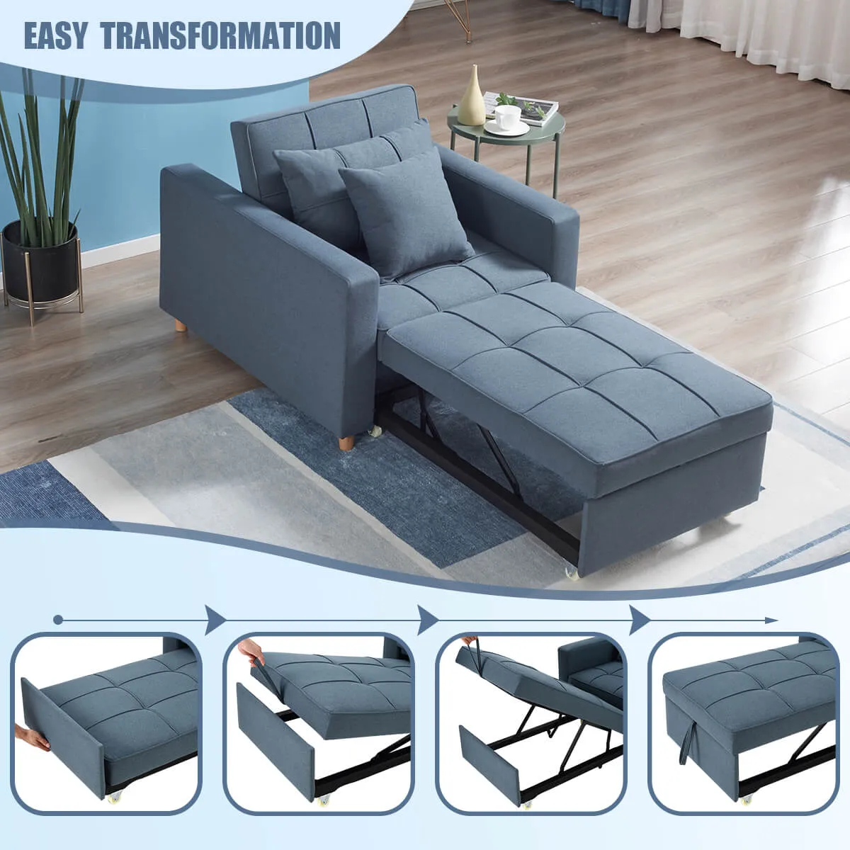 Homrest Sofa Bed 3-in-1 Convertible Chair Multi-Functional Sofa Bed Adjustable Recliner(Blue Grey)