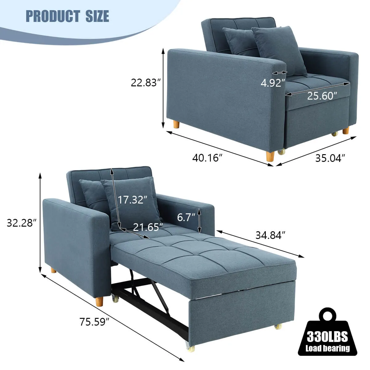 Homrest Sofa Bed 3-in-1 Convertible Chair Multi-Functional Sofa Bed Adjustable Recliner(Blue Grey)