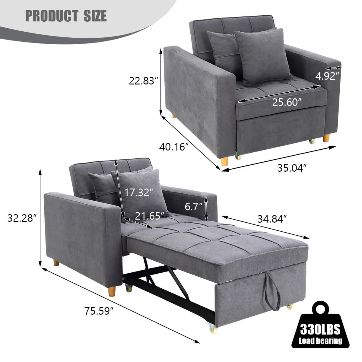 Homrest Sofa Bed 3-in-1 Convertible Chair Multi-Functional Sofa Bed Adjustable Recliner(Grey)