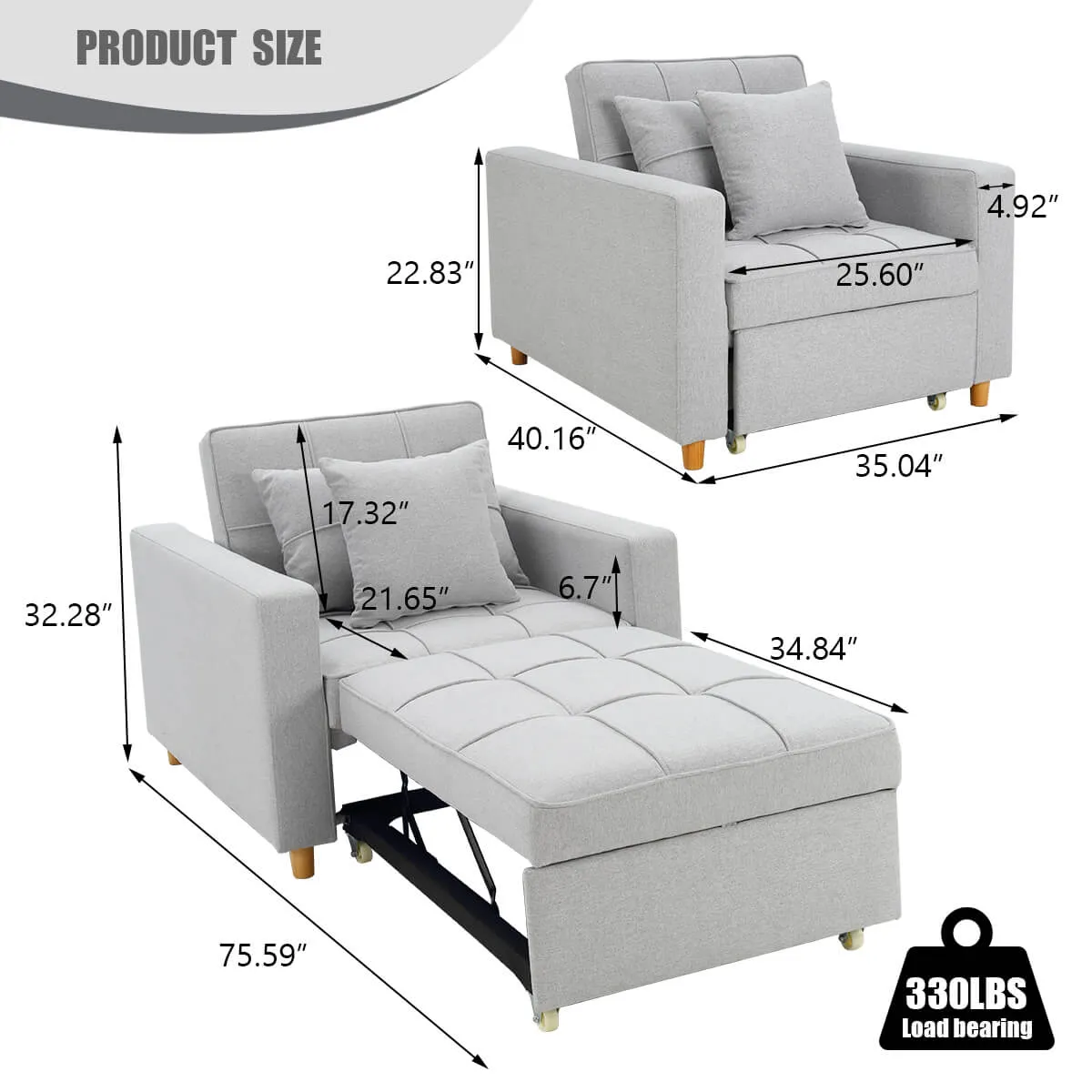 Homrest Sofa Bed 3-in-1 Convertible Chair Multi-Functional Sofa Bed Adjustable Recliner(Light Grey)