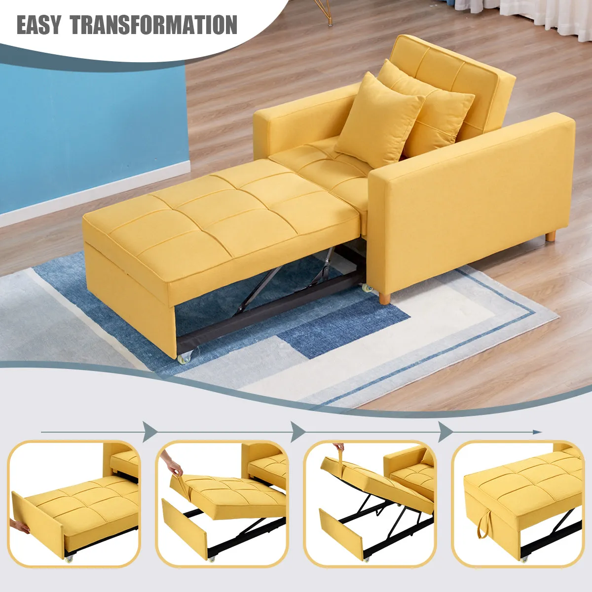 Homrest Sofa Bed 3-in-1 Convertible Chair Multi-Functional Sofa Bed Adjustable Recliner(Yellow)