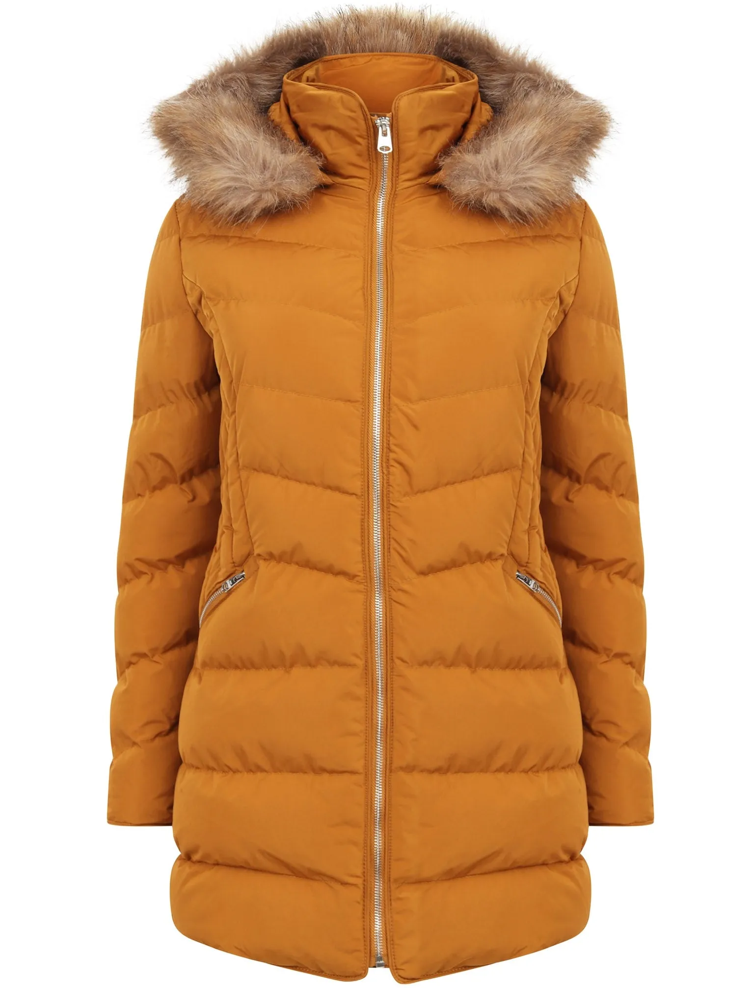 Jaboris Fur Funnel Neck Longline Quilted Puffer Coat in Mustard - Tokyo Laundry