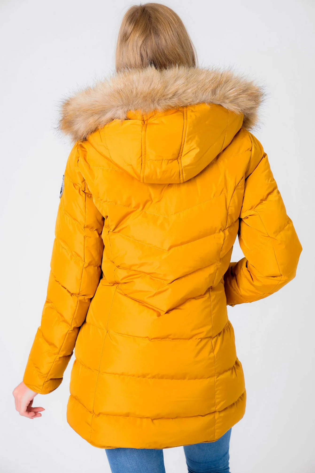 Jaboris Fur Funnel Neck Longline Quilted Puffer Coat in Mustard - Tokyo Laundry