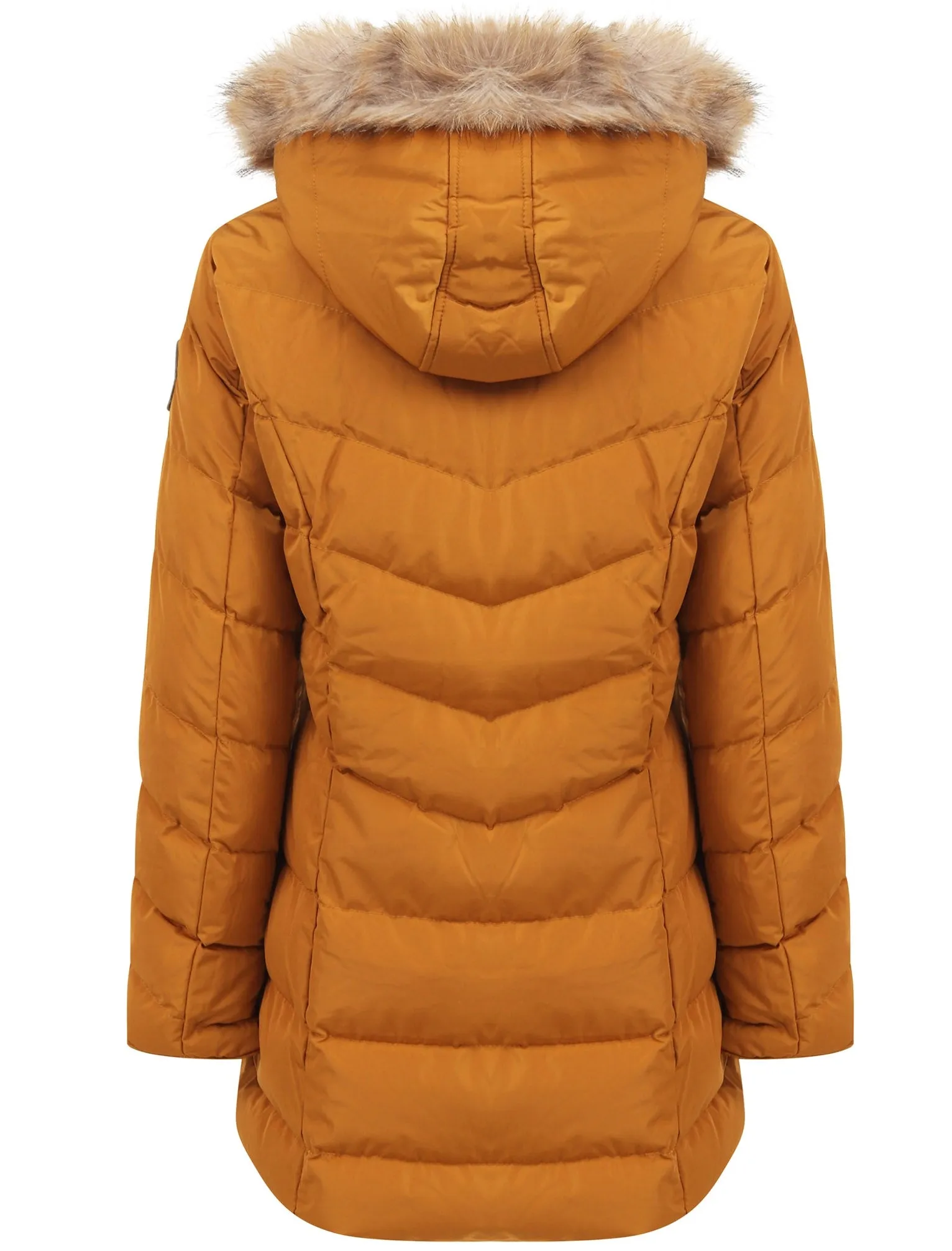 Jaboris Fur Funnel Neck Longline Quilted Puffer Coat in Mustard - Tokyo Laundry