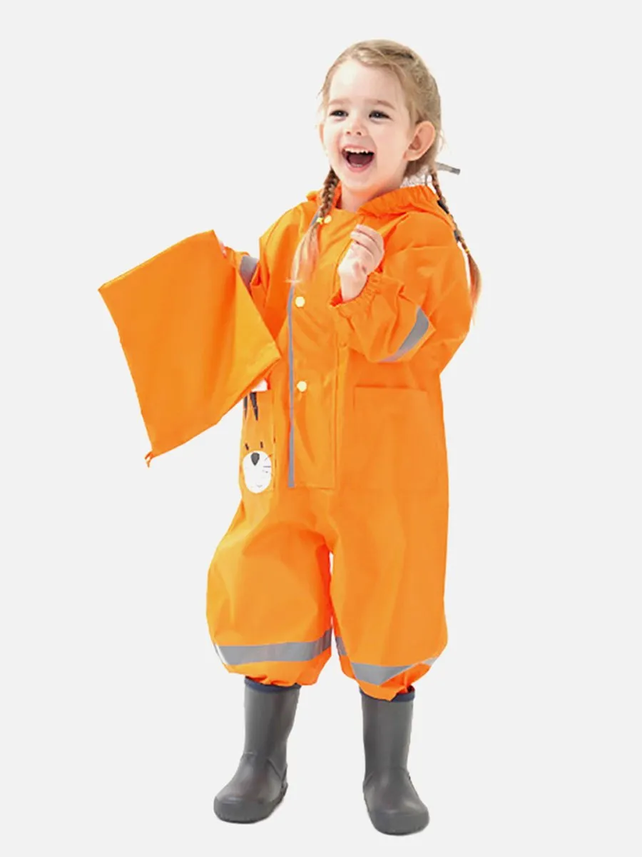 Little Surprise Box Bright Orange Roaring Tiger Theme All Over Jumpsuit / Playsuit Raincoat for Kids