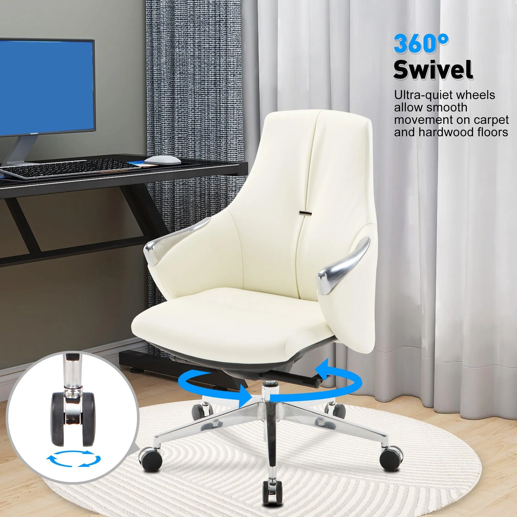 Low Back Executive Chair, Ergonomic Leather Office Chair with Adjustable Height and Tilt Function and 360° Swivel Office Chair,White