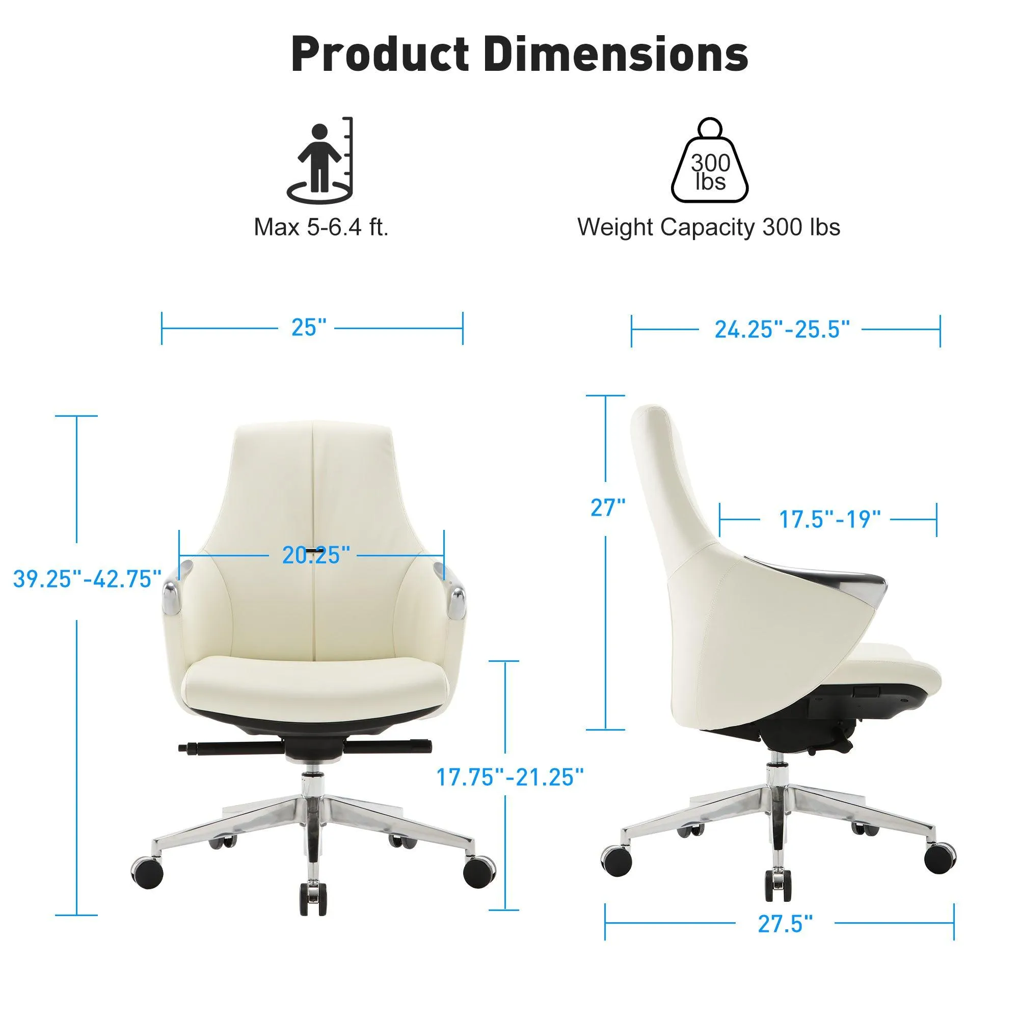 Low Back Executive Chair, Ergonomic Leather Office Chair with Adjustable Height and Tilt Function and 360° Swivel Office Chair,White