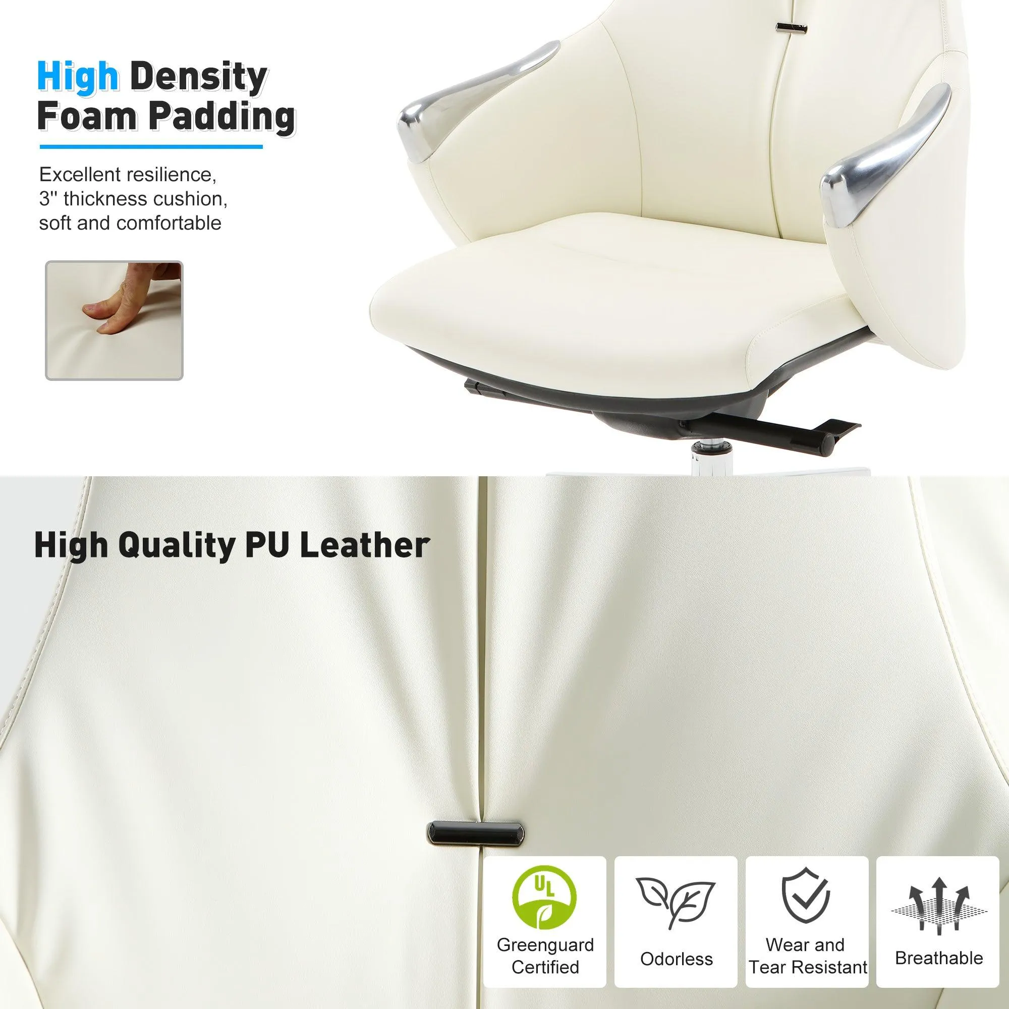 Low Back Executive Chair, Ergonomic Leather Office Chair with Adjustable Height and Tilt Function and 360° Swivel Office Chair,White