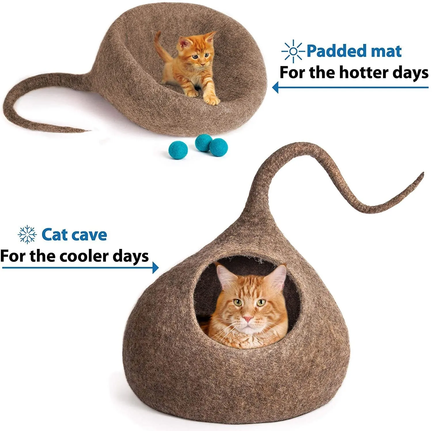 LUXURY Premium Handmade Felt Cat Bed Cave BROWN  House ( large/Xl-44-48Cm)  100% Merino Wool Bed for Cats and Kittens with tails cat caves