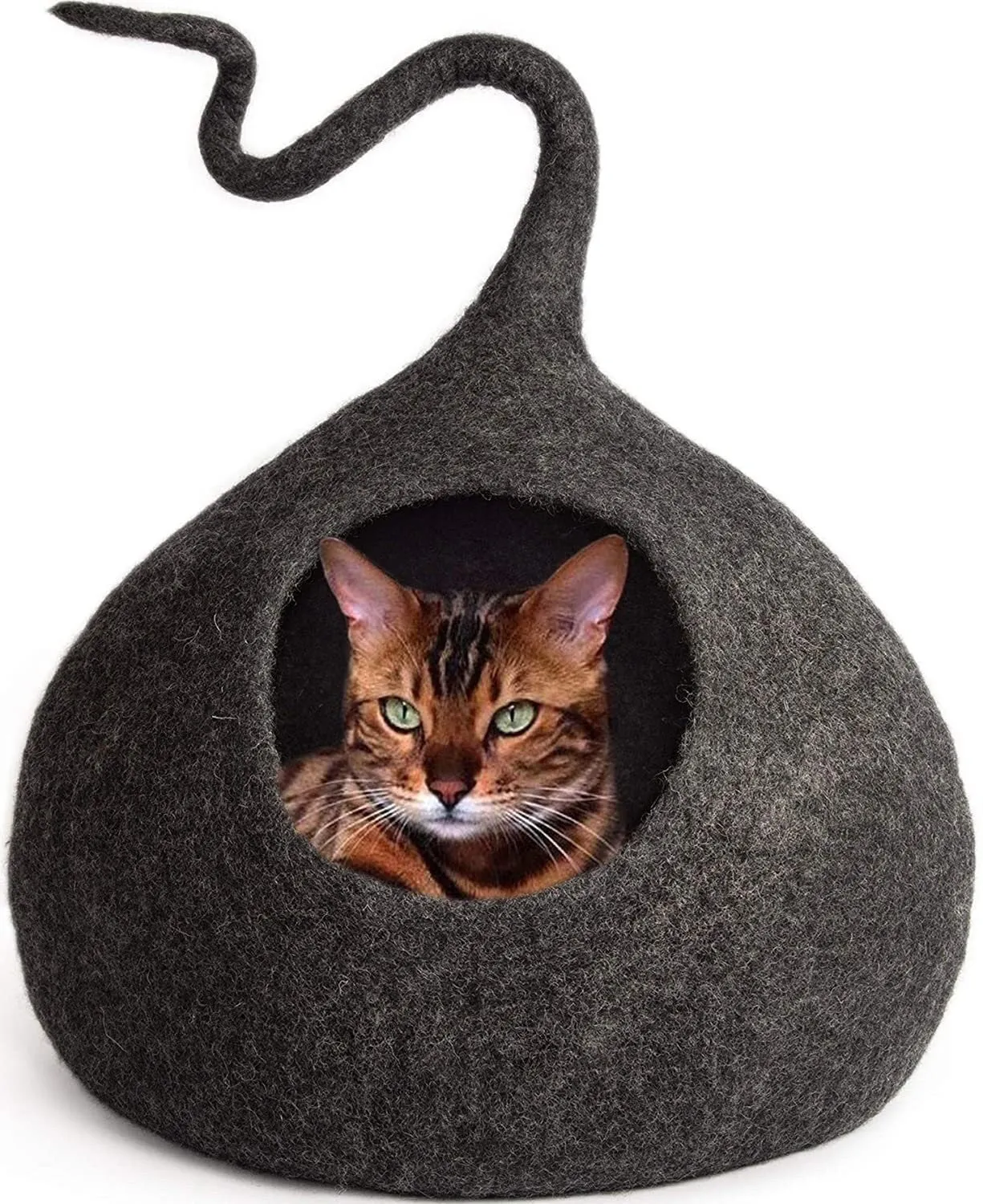 LUXURY Premium Handmade Felt Cat Bed Cave BROWN  House ( large/Xl-44-48Cm)  100% Merino Wool Bed for Cats and Kittens with tails cat caves