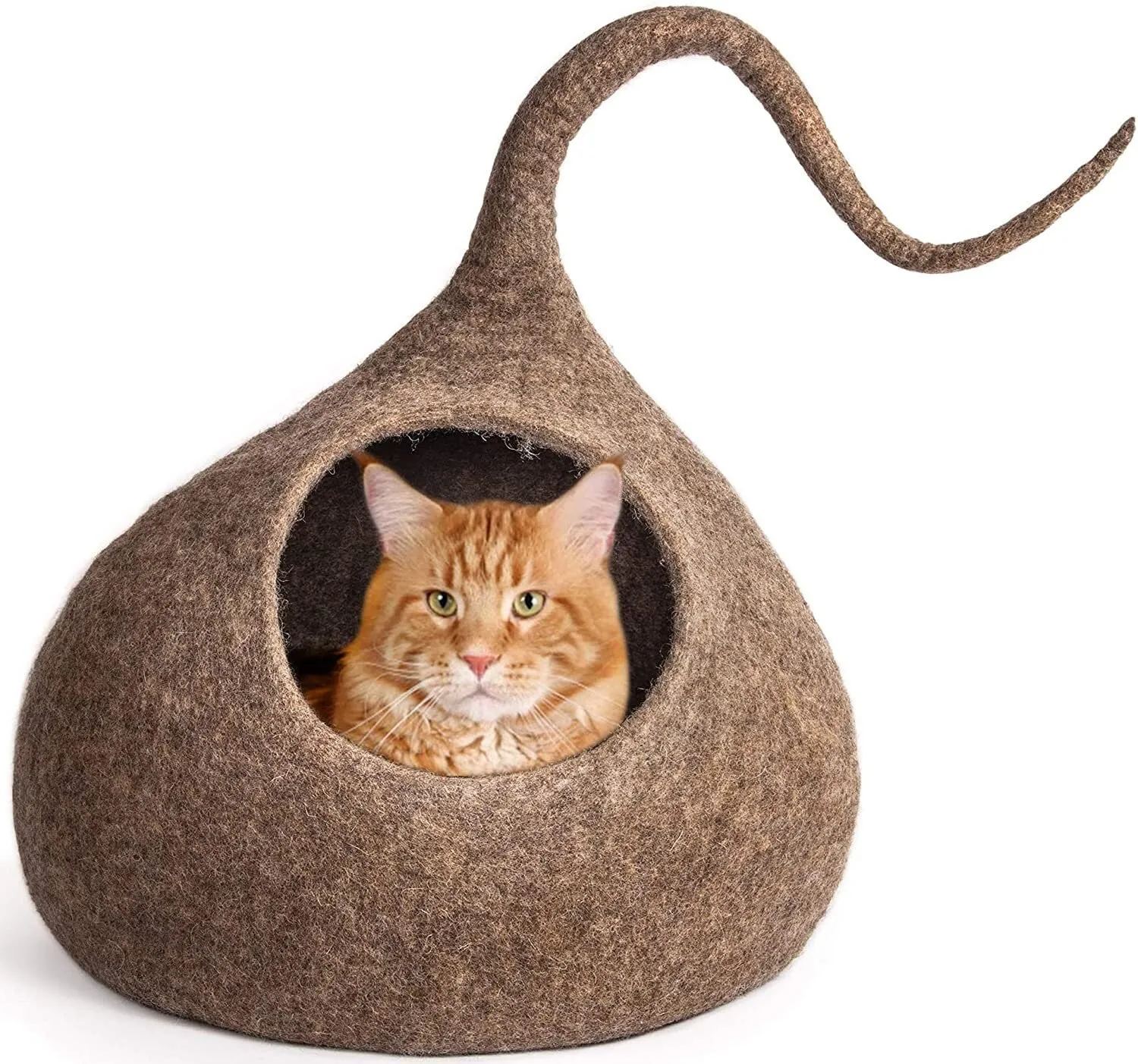 LUXURY Premium Handmade Felt Cat Bed Cave BROWN  House ( large/Xl-44-48Cm)  100% Merino Wool Bed for Cats and Kittens with tails cat caves