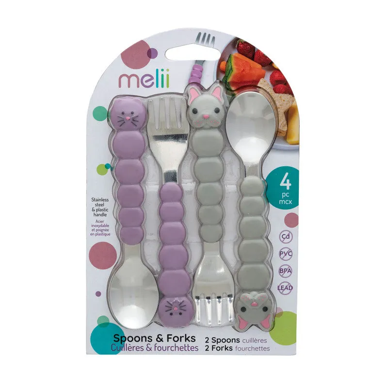 melii Colorful Animal Spoon & Fork Sets for Kids - Encourages Independent Feeding and Fine Motor Skills - BPA-Free, Dishwasher Safe - Purple Cat & Grey Bulldog (4 Pcs)