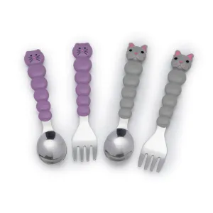 melii Colorful Animal Spoon & Fork Sets for Kids - Encourages Independent Feeding and Fine Motor Skills - BPA-Free, Dishwasher Safe - Purple Cat & Grey Bulldog (4 Pcs)