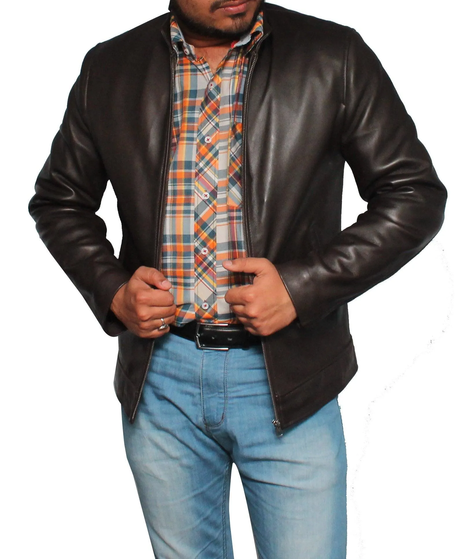 Men Casual Style Classic Leather Jacket- Dark Brown