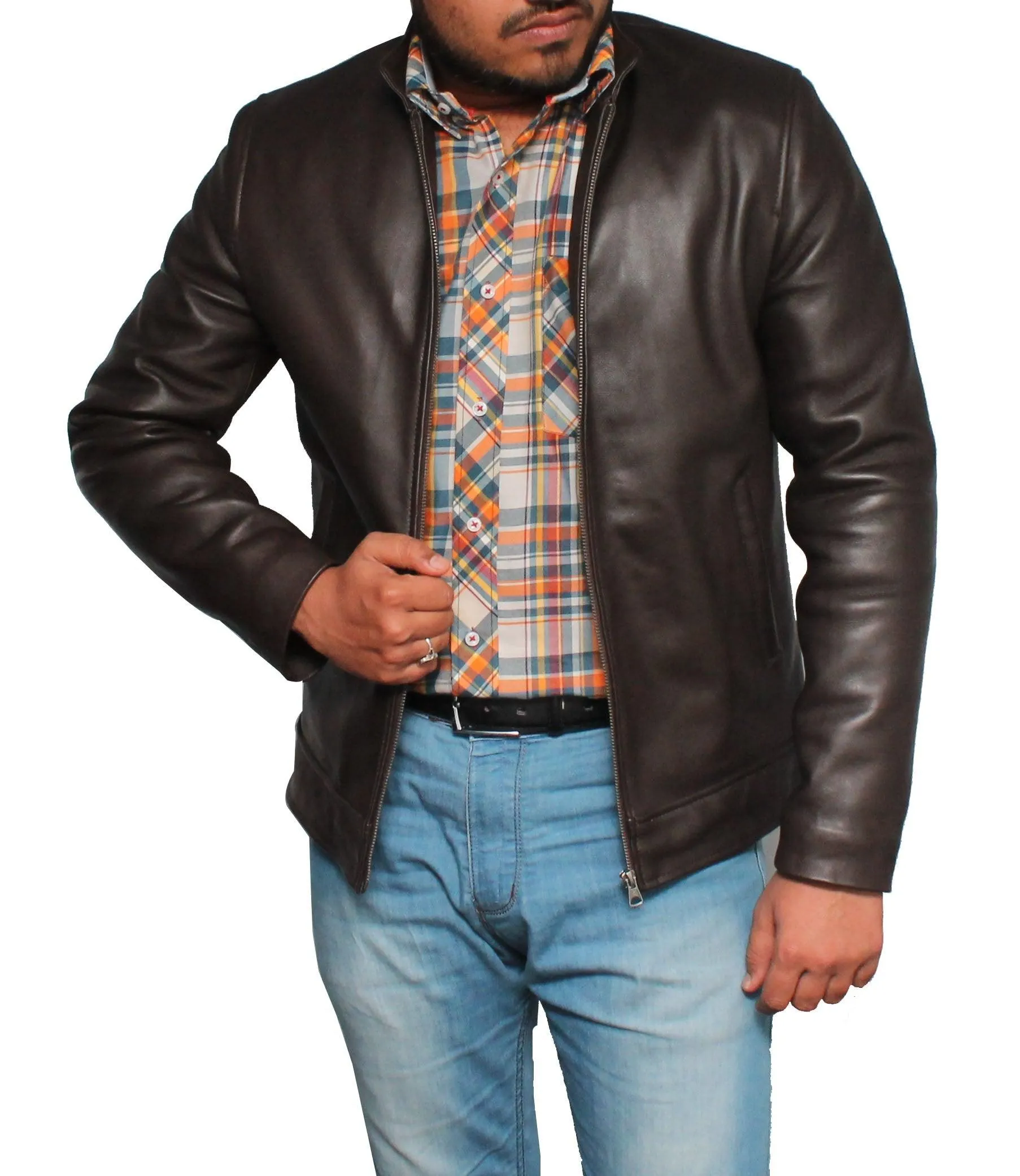 Men Casual Style Classic Leather Jacket- Dark Brown