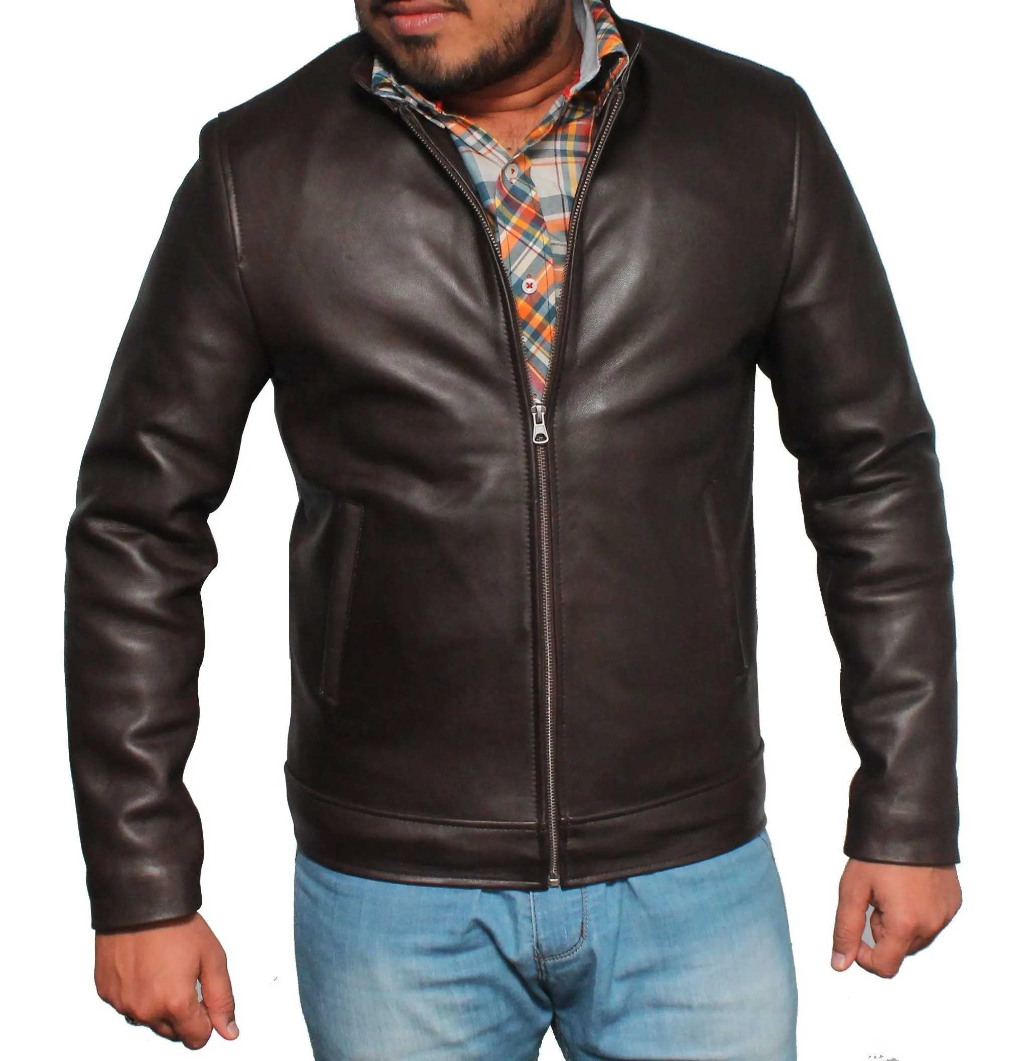 Men Casual Style Classic Leather Jacket- Dark Brown