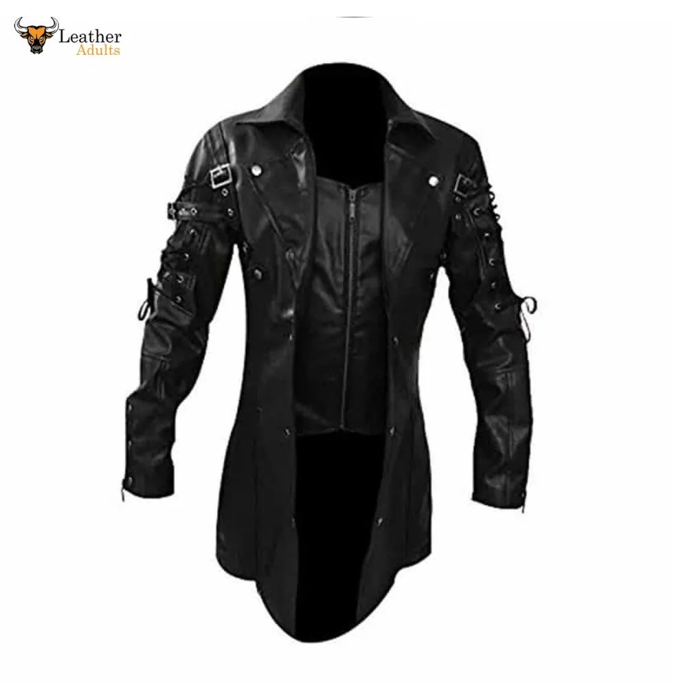 Mens REAL Black Leather Goth Matrix Trench Coat Steampunk Gothic T18 BLACK