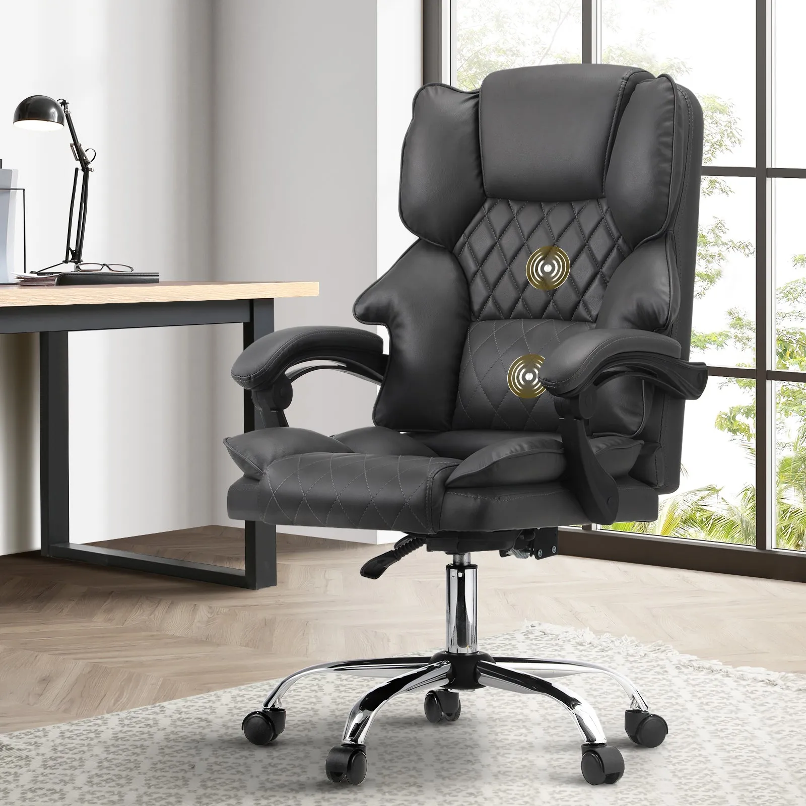 Oikiture Massgae Office Chair Computer Racer PU Leather Seat Recliner Grey