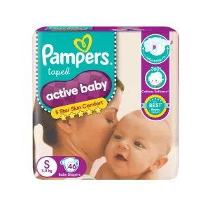 Pampers Active Baby Taped Diapers, Small size diapers, (SM) 46 count, taped style custom fit