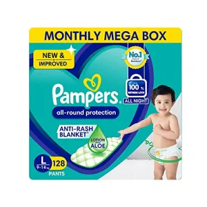 Pampers All round Protection Pants Style Baby Diapers, Large (L) Size, 128 Count, Anti Rash Blanket, Lotion with Aloe Vera, 9-14kg Diapers