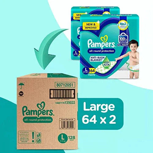 Pampers All round Protection Pants Style Baby Diapers, Large (L) Size, 128 Count, Anti Rash Blanket, Lotion with Aloe Vera, 9-14kg Diapers