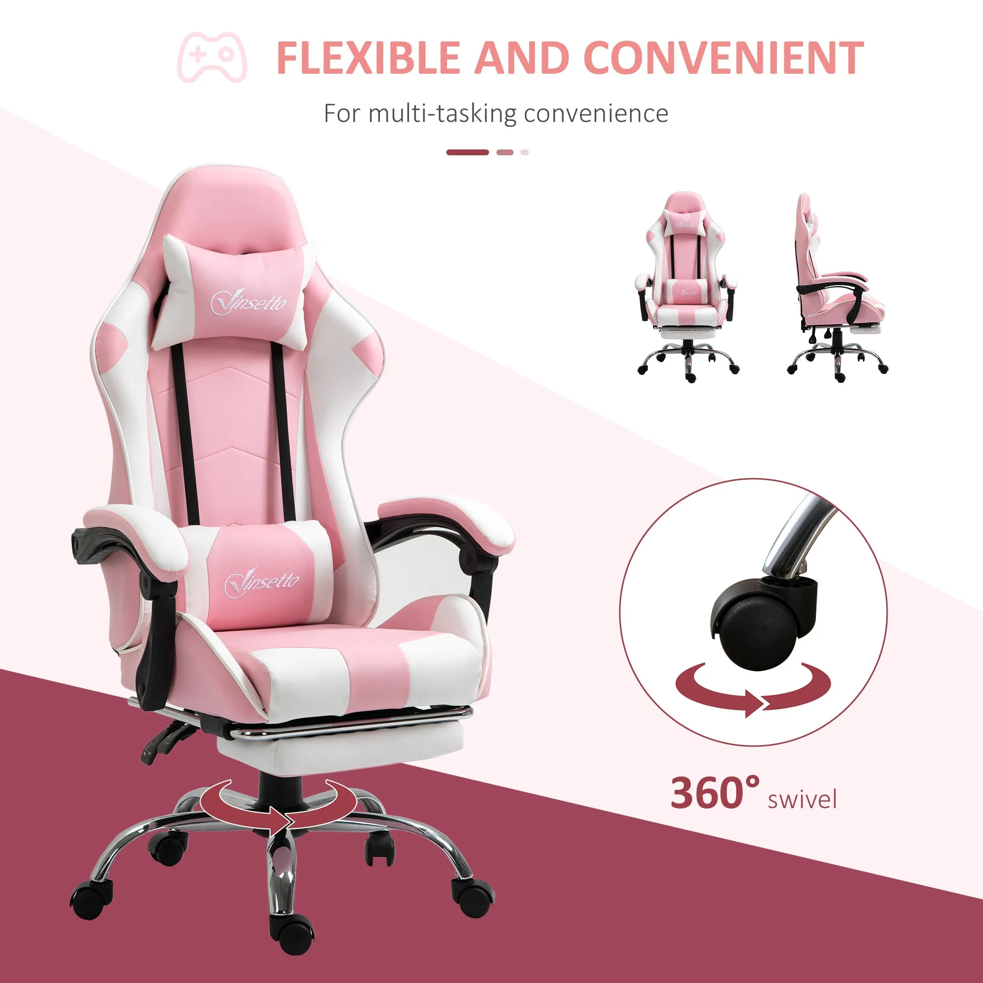 Racing Gaming Chair with Lumbar Support, Head Pillow, Swivel Wheels, High Back Recliner Gamer Desk Chair for Home Office, Pink