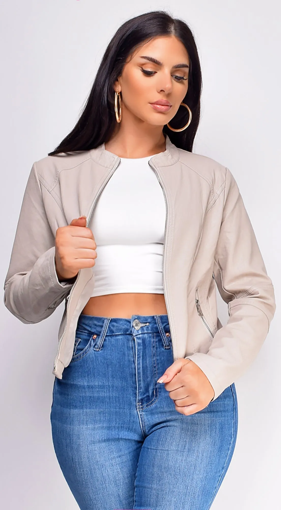 Sona Beige Classic Faux Leather Jacket