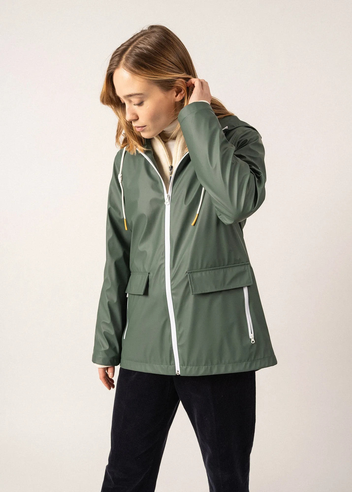 ST GABRIELLE - Waterproof Patterned Rain Jacket with Fancy Drawstrings (ARMY GREEN)